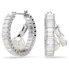 Κρίκοι Ariana Grande x Swarovski Crystal pearl, Κοπή Baguette, Λευκά, Επιμετάλλωση ροδίου